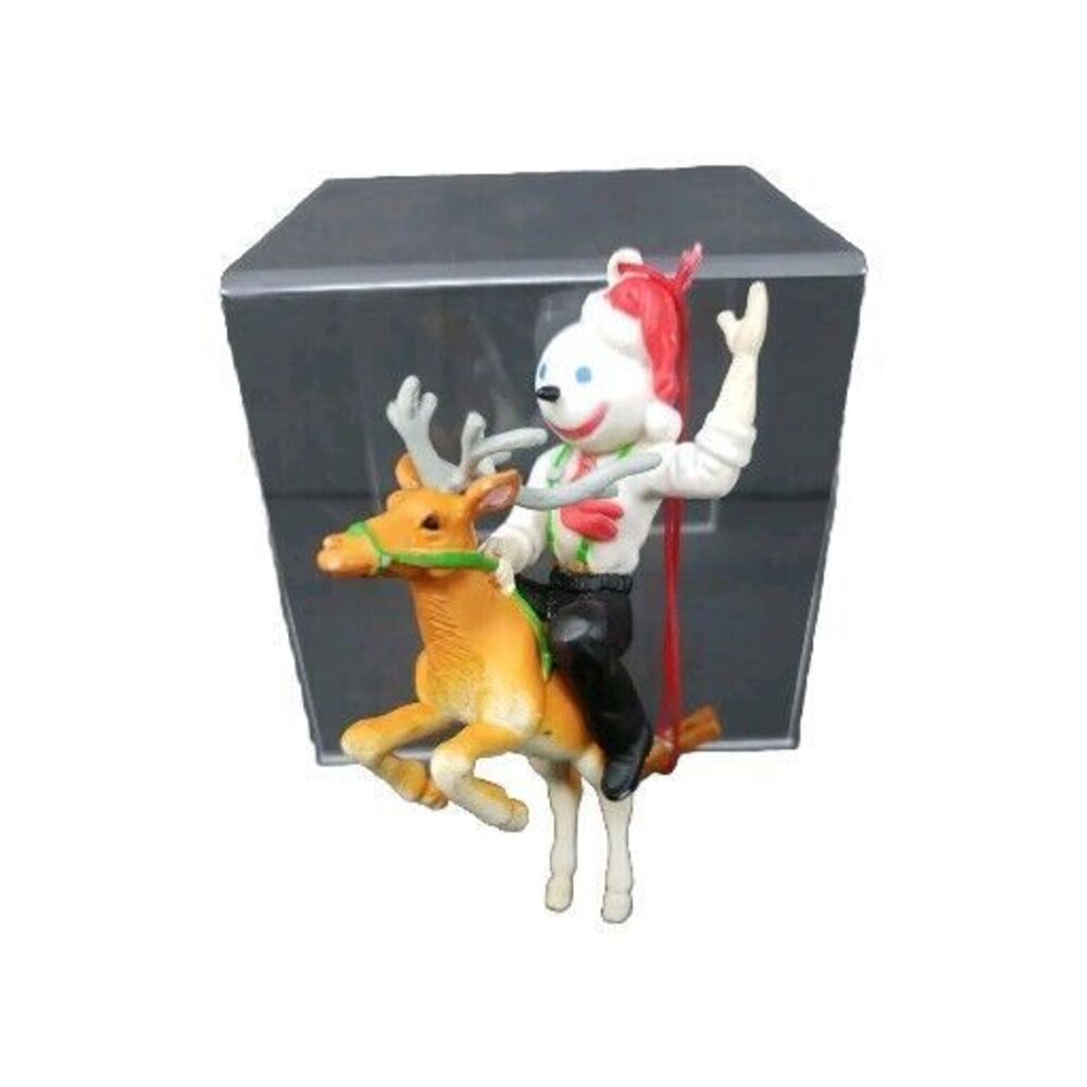 JACK In The Box Santa Ornament Riding Reindeer Antlers Vintage Christmas Ad